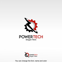 Power Tech Logo Template Design Vector. A lightning bolt with a gear, symbolizing high-powered technology and innovation.