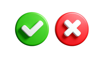 Obraz premium Two 3D buttons, one green with a checkmark, one red with an X. Set against black
