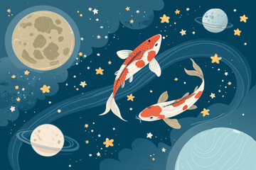 Obraz premium Showcasing Dreamy Koi Fish Swimming Through Starlit Sky Sof Crisp Premium Digital Asset