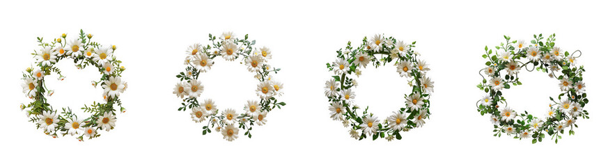 Fototapeta premium Four daisy floral wreaths with varying fullness and detail on transparent background high quality professional detailed