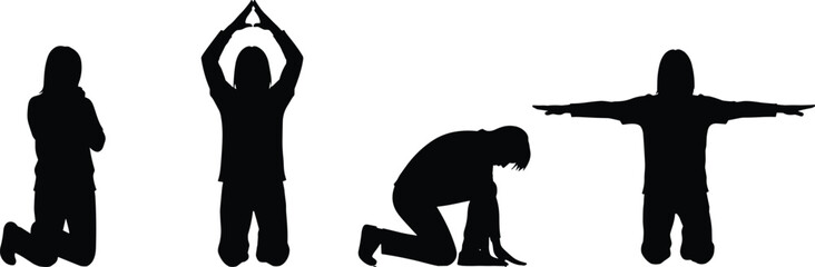 Kneeling silhouette collection, expressive poses, black figures, emotional gestures, contemplative posture, symbolic movement, body language, artistic icon, balance