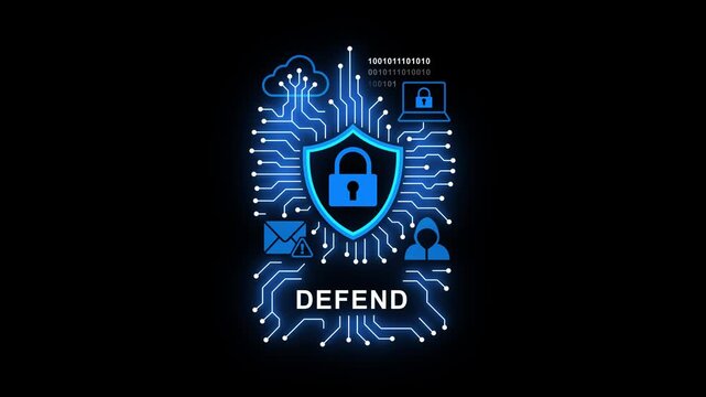 Cybersecurity concept with shield and padlock on circuit board background defending digital information and network security