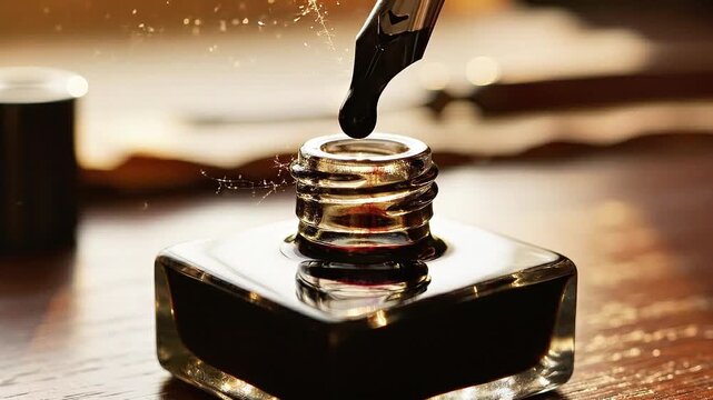 Dramatic close-up of a writer dipping a premium fountain pen nib into a vintage glass inkwell on a wooden table, illuminated by cinematic golden light