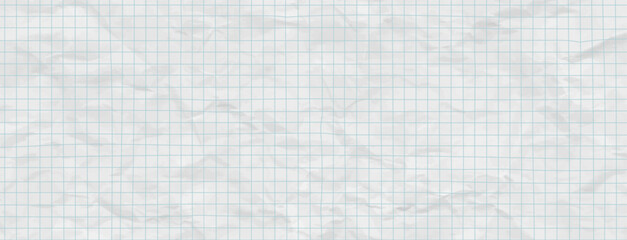 Crumpled white paper background with vintage notebook graph grid. Square blue line pattern texture perfect for school or education themes. Vector illustration and collage bg. © A_Y_N