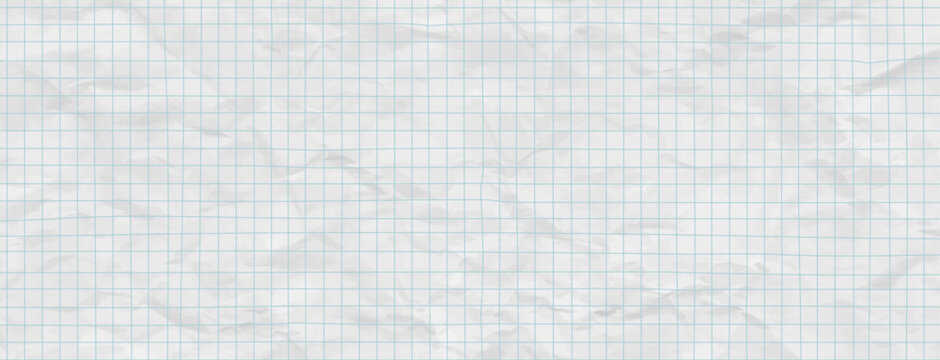 Crumpled white paper background with vintage notebook graph grid. Square blue line pattern texture perfect for school or education themes. Vector illustration and collage bg.