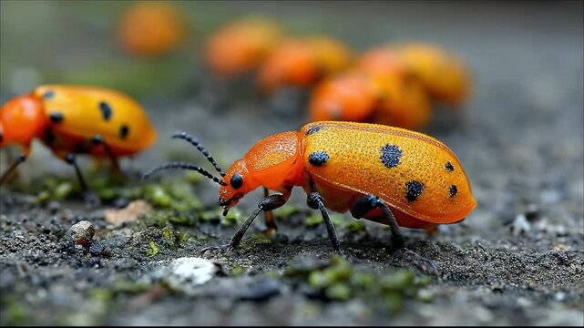 A close-up view of vibrant orange beetles on the ground.