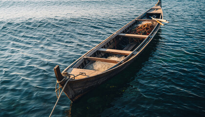 Obraz premium Long boat fishing in sea, Fishing boat on water, Close up