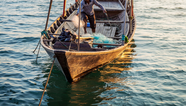Long boat fishing in sea, Fishing boat on water, Close up