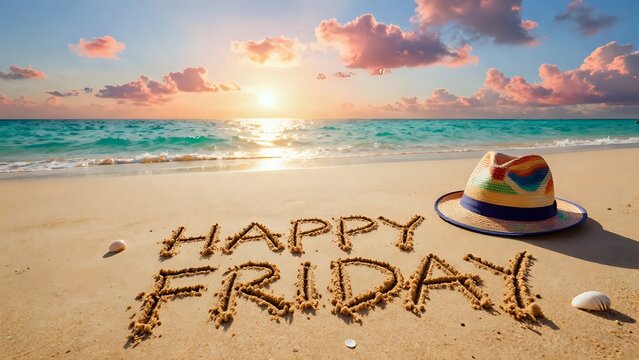 Happy Friday written in sand on beach at sunset with straw hat