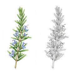 Fototapeta premium side-by-side diptych featuring a vibrant watercolor rosemary sprig next to a detailed monochromatic line drawing, both on a transparent background, comparison of artistic styles concept