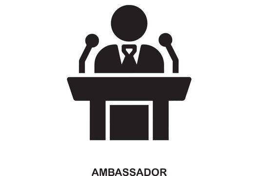 Black minimalist icon of a person in a suit and tie standing at a podium with microphones, representing public speaking or ambassadorial role.