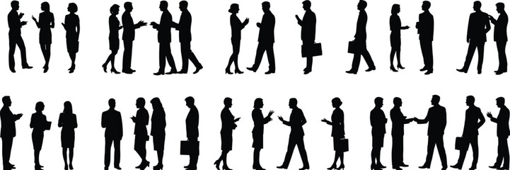 Silhouettes of diverse business people communicating, networking, and interacting in professional settings, ideal for concepts of teamwork, collaboration, corporate culture, and social engagement.