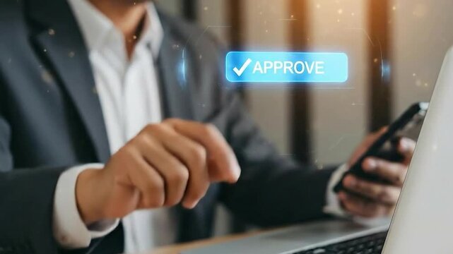 Businessman interacting with virtual buttons on a laptop screen with approve and reject options