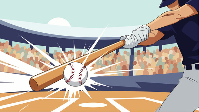 Flat vector illustration of a baseball player hitting the ball from a close distance with great power. An energetic, sporty style, ideal for sports marketing, posters, and advertising.