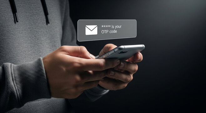 Cybersecurity OTP code notification on smartphone, person holding mobile phone with two-factor authentication message, digital identity security concept