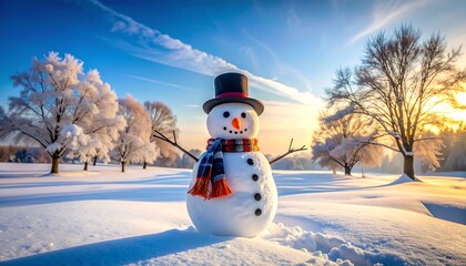 Obraz premium Snowman with a scarf and hat stands in a snow-covered field, with trees and a bright blue sky in the background