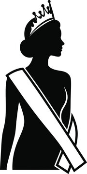 Black silhouette of a beauty queen with a crown on transparent background