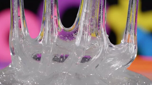 Clear viscous slime stretching with colorful blurred background