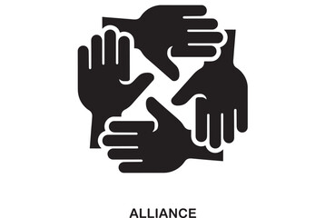 Obraz premium Four black hands in a circular embrace symbolizing teamwork, unity, and partnership in a simple, modern flat design.