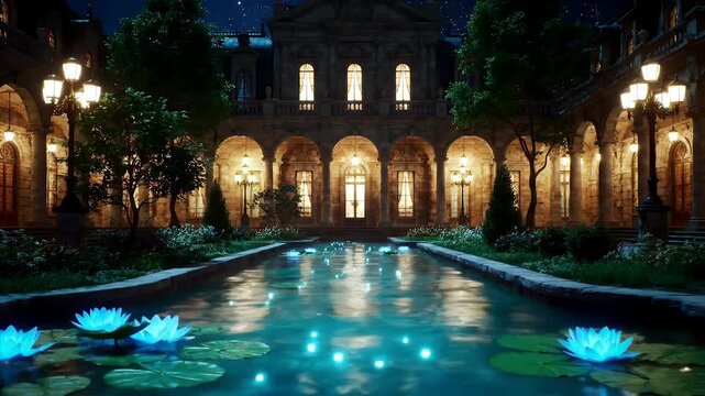 Nighttime view of a serene illuminated cloister courtyard featuring a central lily-filled pool