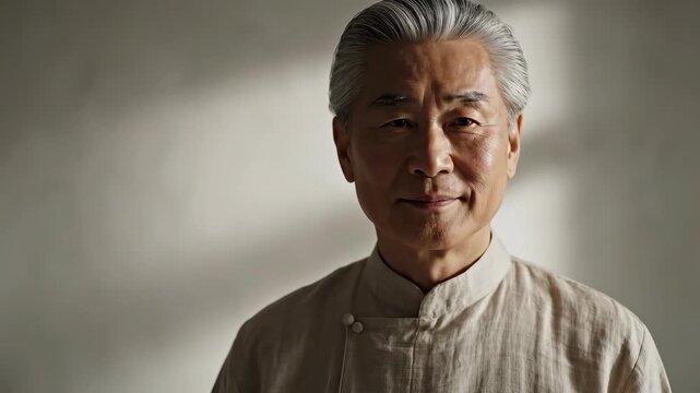 A dignified elderly asian man poses for a dramatic, high-contrast studio portrait, wearing a light mandarin collar shirt and conveying a wise mood.