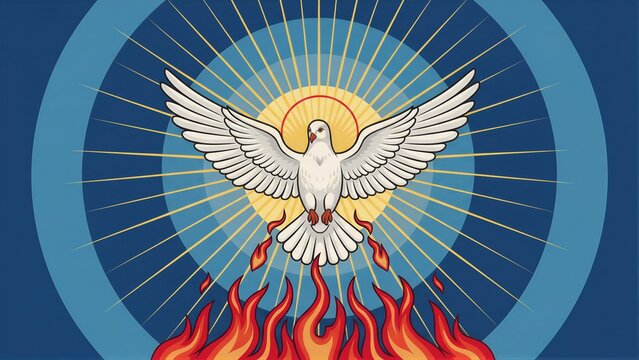 White dove with open wings, representing Holy Spirit with flames and rays, a christian spiritual concept for Pentecost.
