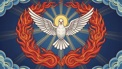 Fototapeta premium White dove with blazing flames of fire and ray circle halo. Pentecost Holy Spirit Christian religious symbol celebration event illustration.