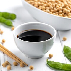 Soy sauce in a white bowl with soybeans, chopsticks, and pea pods on a white wood surface