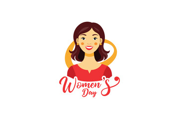 Obraz premium Womens day typography design with cute female character portrait and yellow abstract circular shape