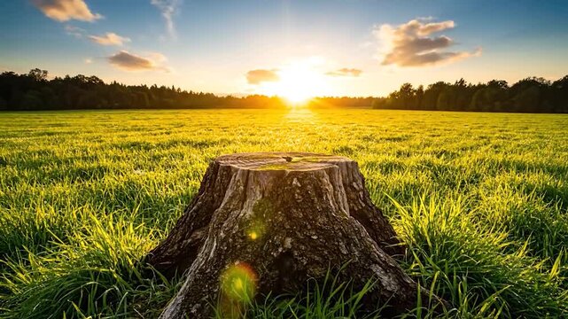 A lone tree stump rests in a sun-drenched grassy field under a golden sky