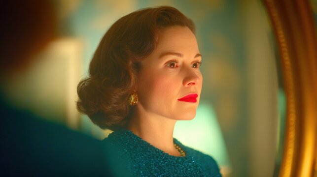 Woman looks in mirror while wearing blue outfit in a vintage setting