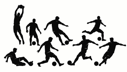 Fototapeta premium Collection of soccer player silhouettes. Dynamic vector illustrations of soccer players in various actions for icons, symbols, or logos.