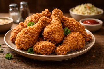 Golden Crispy Fried Chicken on Ceramic Plate with Warm Lighting