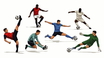 Obraz premium A dynamic, set of flat vector illustration of a football player in action. The artwork captures the energy of the sport with a clean and modern design