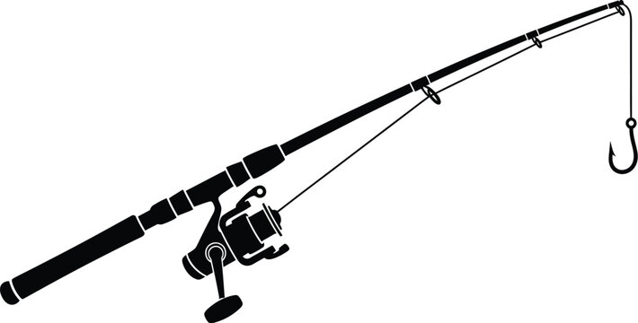 Black fishing rod with reel and hook a clean silhouette on transparent background