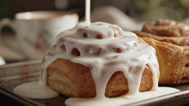 Cinnamon roll with white icing drizzling