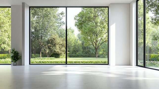 A modern house with large windows and minimalist design, overlooking a garden.