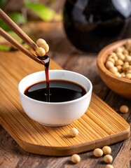 Soybeans held by chopsticks dripping sauce into a white bowl on wood. Soybeans surround a wooden bowl nearby