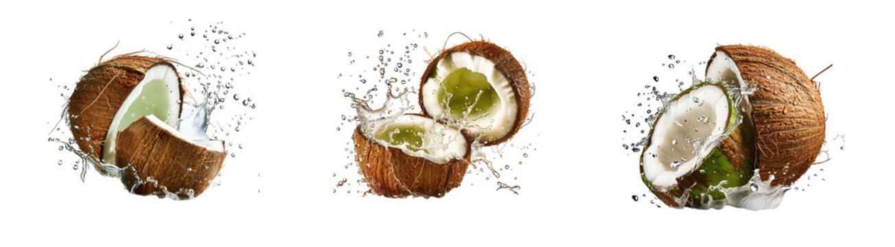 A sequence of a coconut being broken with splashing milk on transparent background high quality professional