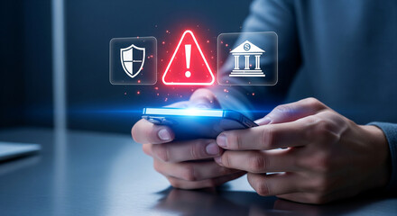 Person using smartphone with security and banking icons, highlighting financial risk and protection.