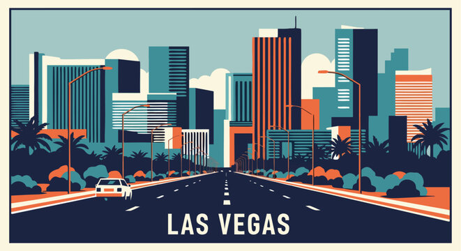 Vector illustration of Las Vegas skyline at dusk with palm trees and a road leading to the city