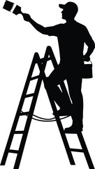 Painter on a ladder holding a brush black silhouette on transparent background © Jesmin