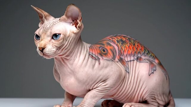 Wrinkled hairless cat with a striking koi fish tattoo on its side