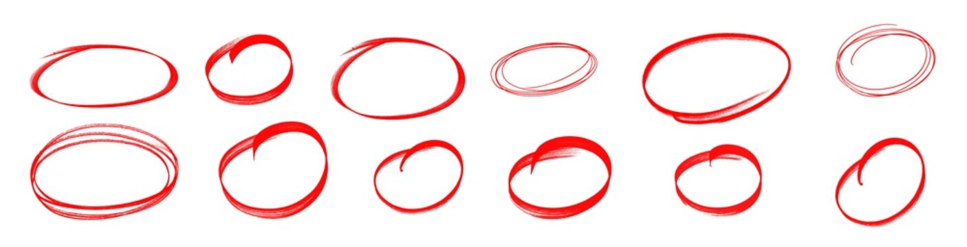 Highlight hand drawing different circles isolated on white background, Handwritten red circle For marking text