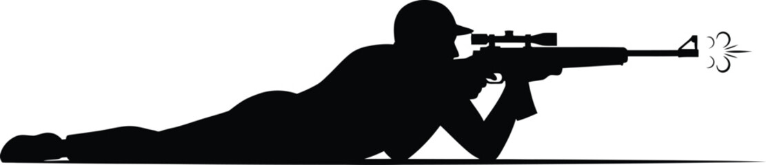 Sniper in prone position aiming rifle black silhouette on transparent background © Jesmin