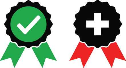 Obraz premium Two award ribbons with check and plus signs on transparent background silhouette