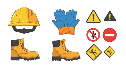 Workplace Safety Icons Set: PPE Gear (Hard Hat, Boots, Gloves) and Hazard Warning Signs. Vector illustration of Protective Equipment and Prohibition Symbols.