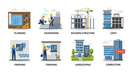 8 Steps of Building Construction Process Icon Set: Planning, Foundation, Structure, Finishing, Landscaping, and Project Completion Stages