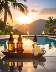Spa oils, candle and plumeria flower set by a reflective pool at sunset with mountains and palms in the background