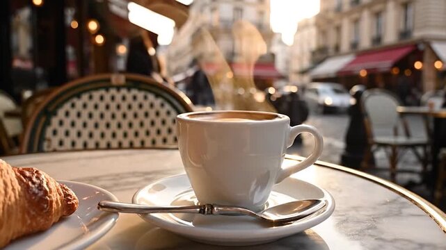 A warm cup of coffee and a croissant sit on a cafe table